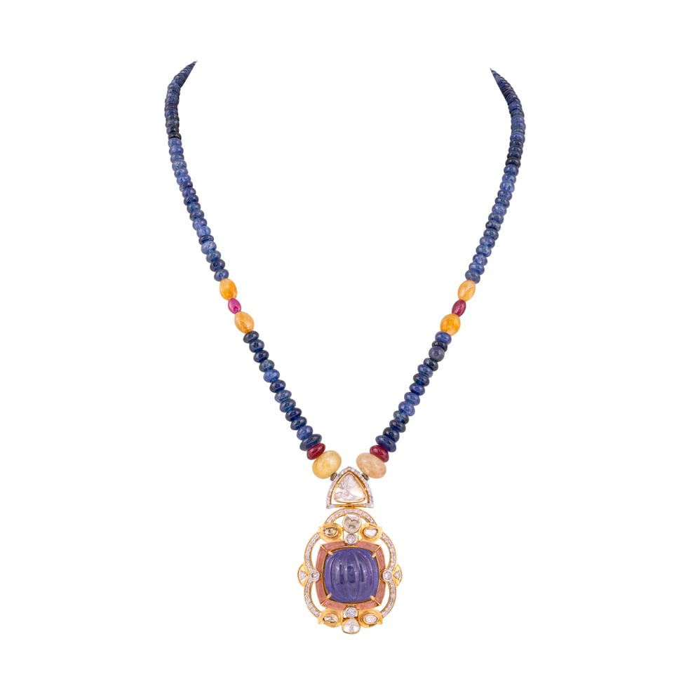 Carved Tanzanite Necklace with Polkis ,Diamonds and Sapphire Beads
